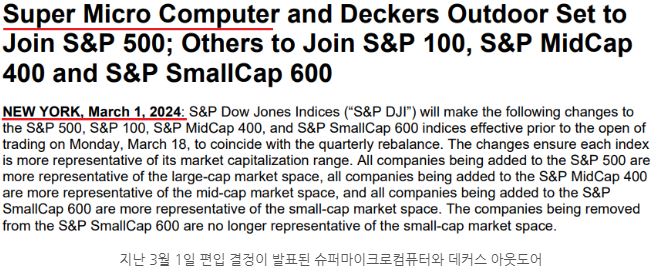 지난 2024년 3월 1일, s&p 500 편입 발표가 나며, s&p500에 들어갈 수 있게 된 '슈퍼마이크로컴퓨터'(smci).